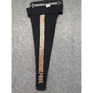 Victoria's Secret PINK Foldover Yoga Leggings Black Rose Gold‎ Sequin Stripe M